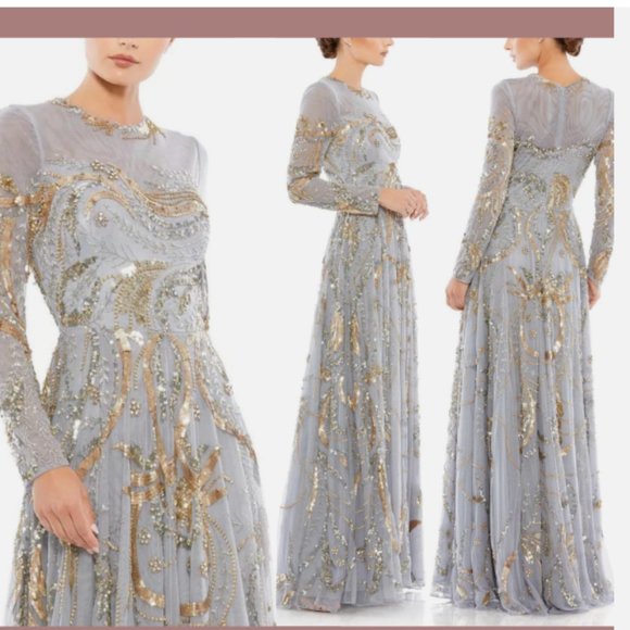 MAC DUGGAL 5217 LONG SLEEVE EMBELLISHED ILLUSIONS PLATINUM/ GOLD GOWN sz 6 - Picture 2 of 4